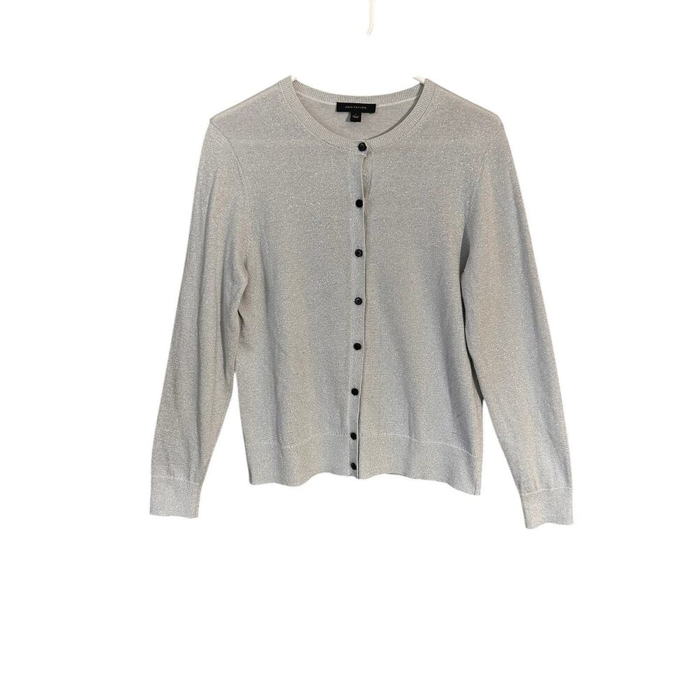 ANN TAYLOR Women’s Silver Metallic Sparkly Shimmery Crewneck Cardigan Size Large - Picture 3 of 9